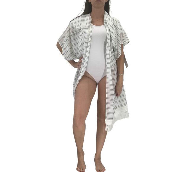 FORTUNE Swimwear Cover Up One Size Robin Fringe Open Front Waffle Crepe - Picture 2 of 7